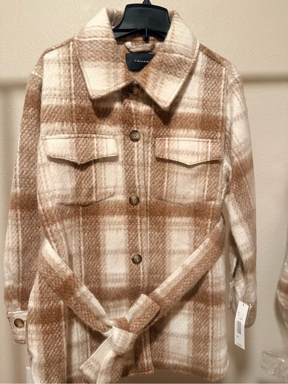 Tahari Tan Plaid Belted Wool Blend Shacket Jacket Large NWT